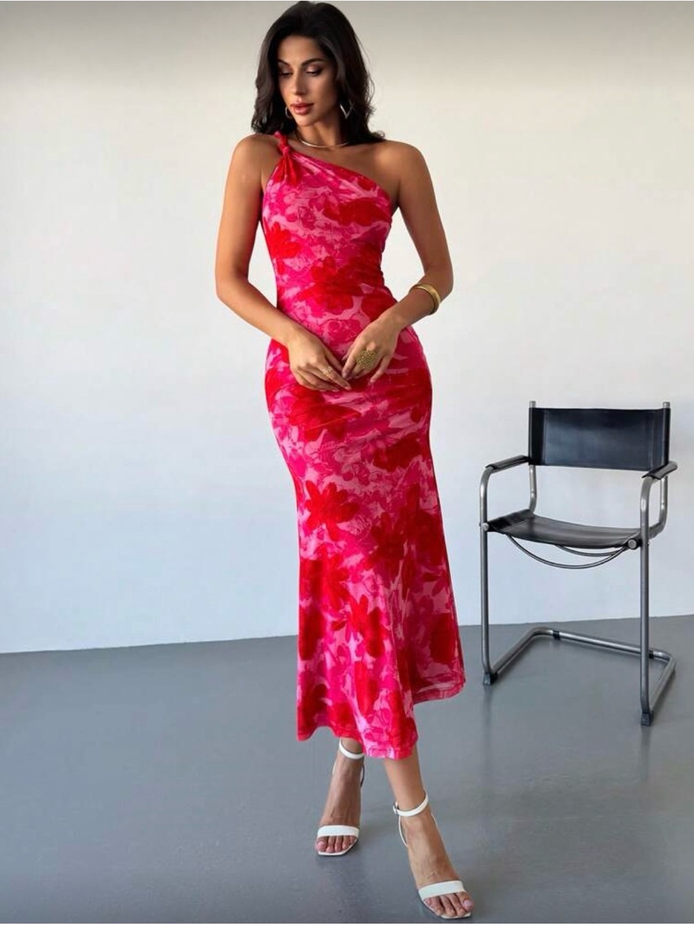 One-Shoulder Pink Floral Dress